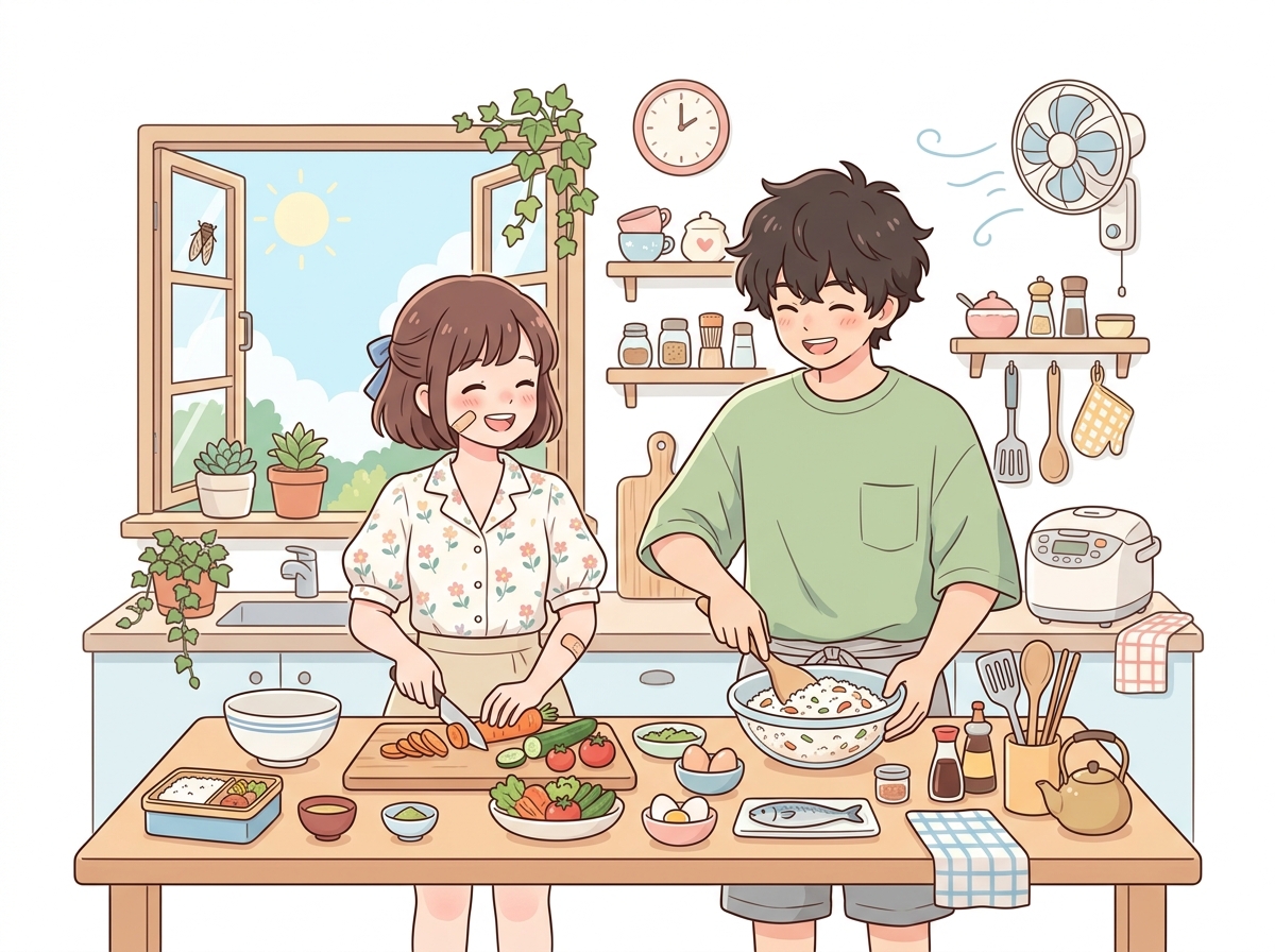 暑い日に家で昼ごはんを作るイラスト